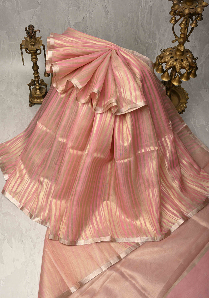 Rose Pink Semi Kora Saree with Tissue Stripes and Minimal Zari Border