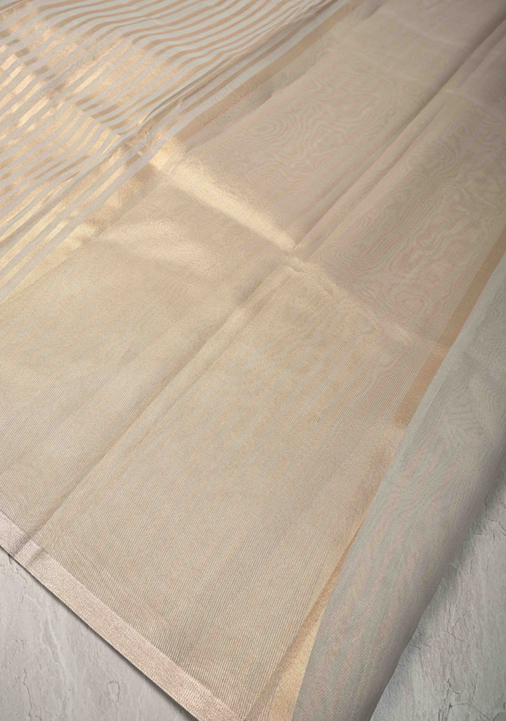 Grey Semi Kora Saree with Tissue Stripes and Minimal Zari Border