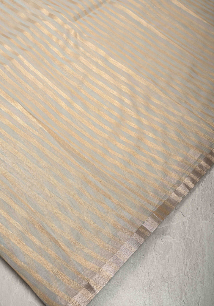 Grey Semi Kora Saree with Tissue Stripes and Minimal Zari Border