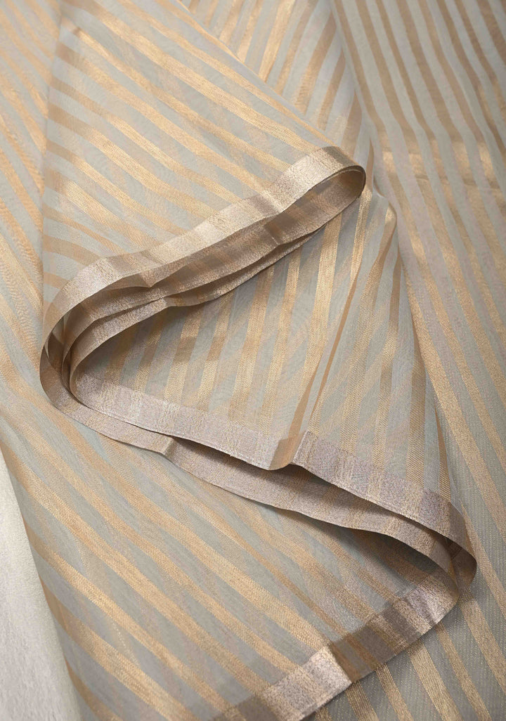 Grey Semi Kora Saree with Tissue Stripes and Minimal Zari Border