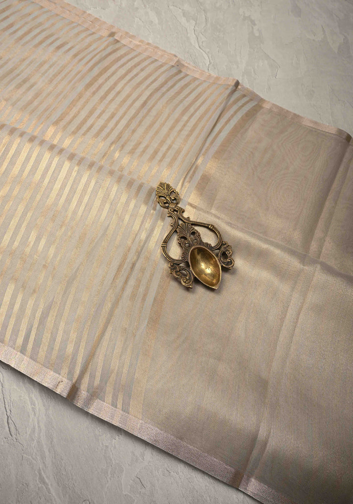 Grey Semi Kora Saree with Tissue Stripes and Minimal Zari Border