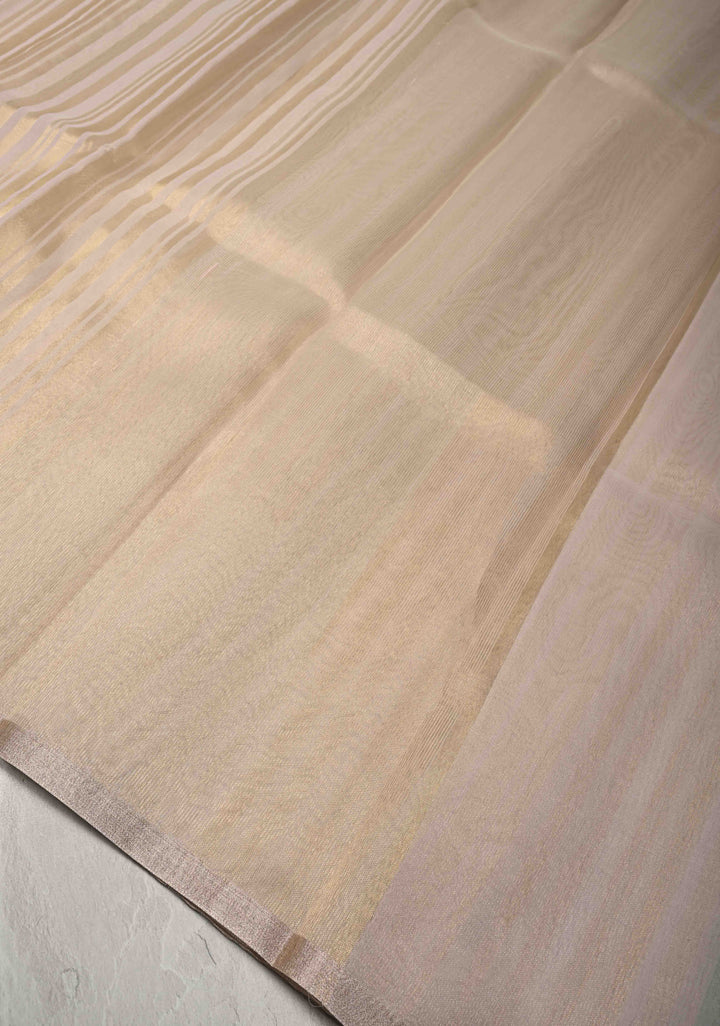 White Semi Kora Saree with Tissue Stripes and Minimal Zari Border