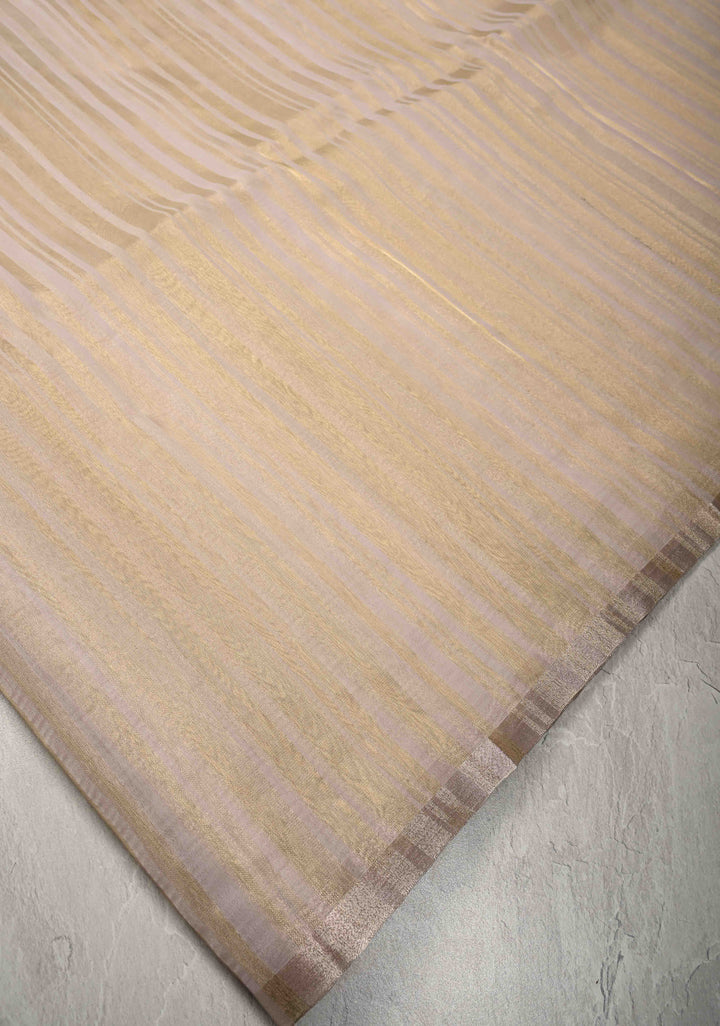 White Semi Kora Saree with Tissue Stripes and Minimal Zari Border