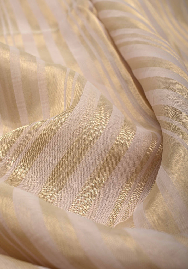 White Semi Kora Saree with Tissue Stripes and Minimal Zari Border