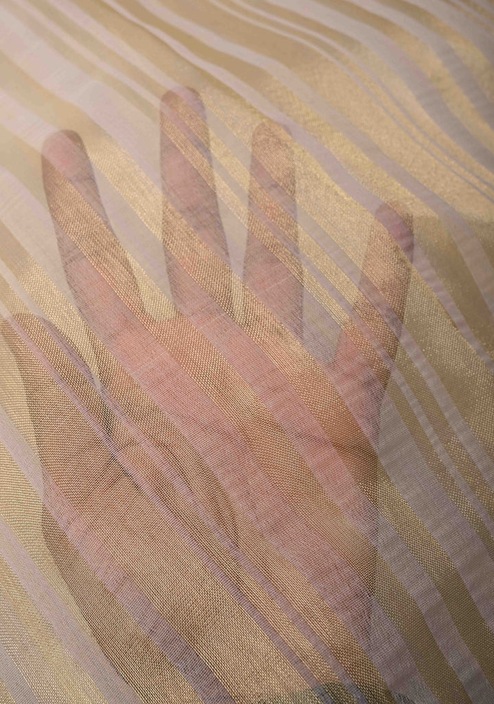 White Semi Kora Saree with Tissue Stripes and Minimal Zari Border