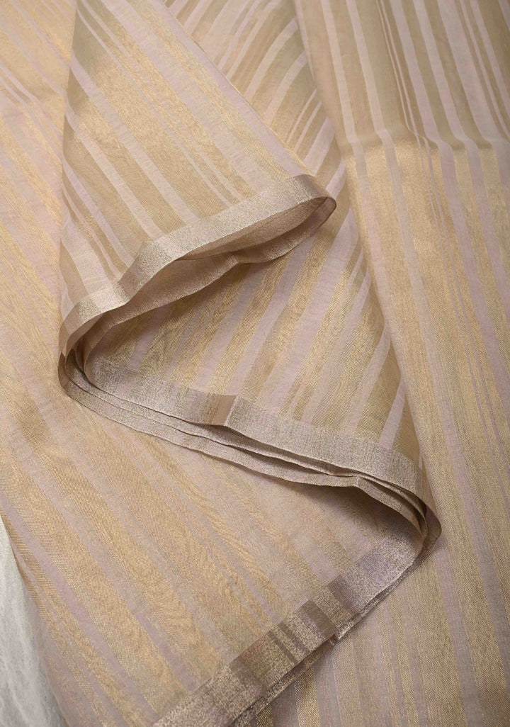 White Semi Kora Saree with Tissue Stripes and Minimal Zari Border