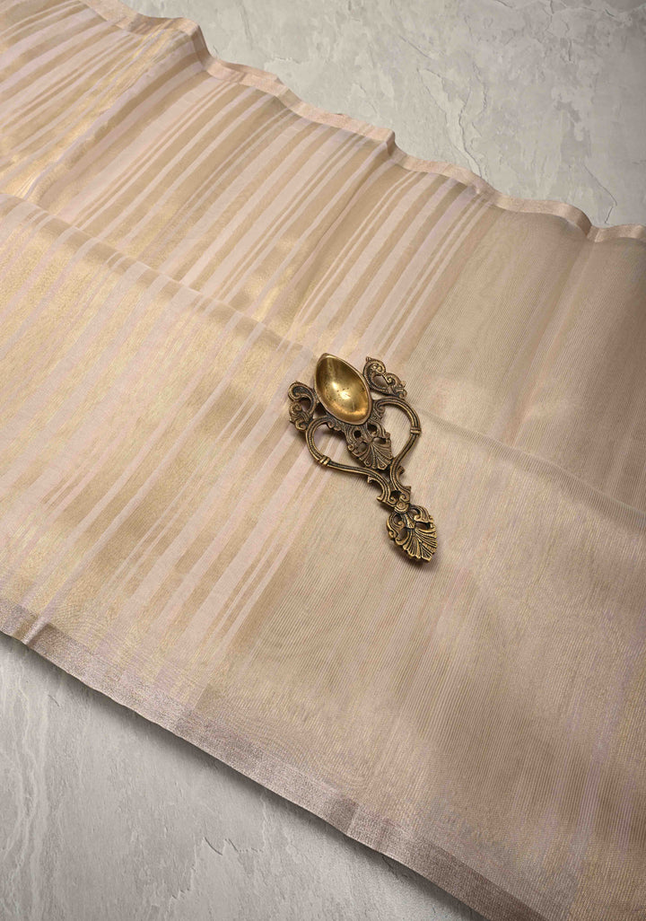 White Semi Kora Saree with Tissue Stripes and Minimal Zari Border