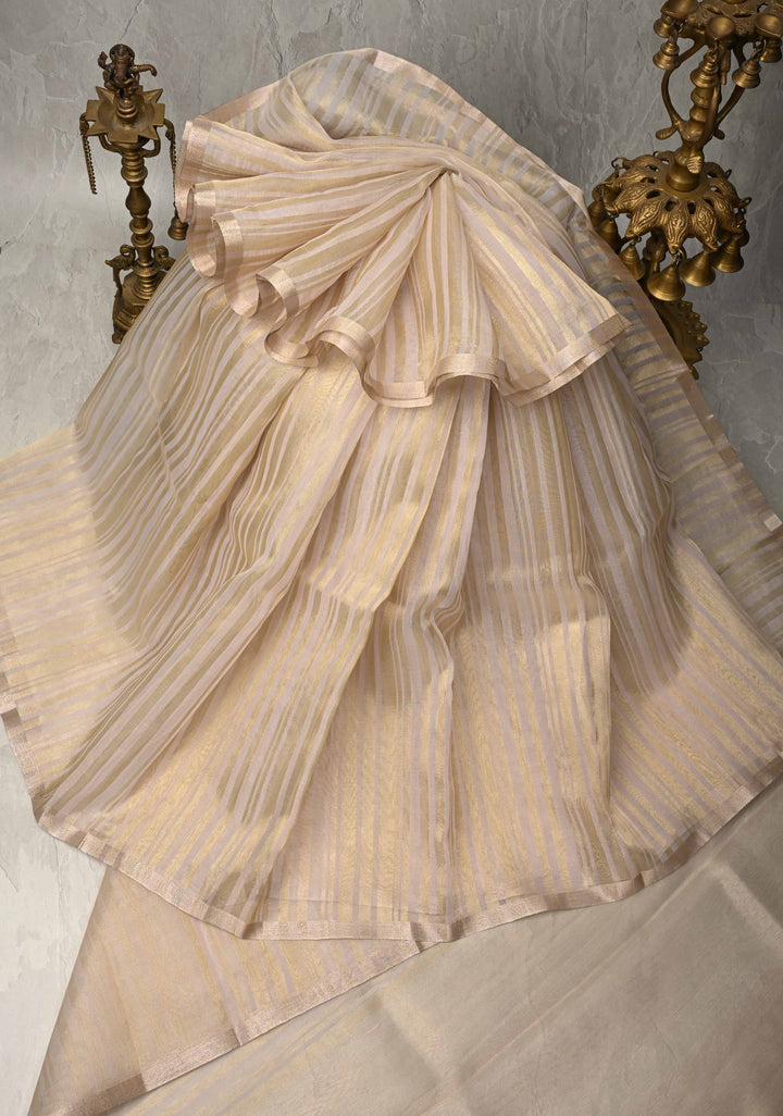 White Semi Kora Saree with Tissue Stripes and Minimal Zari Border