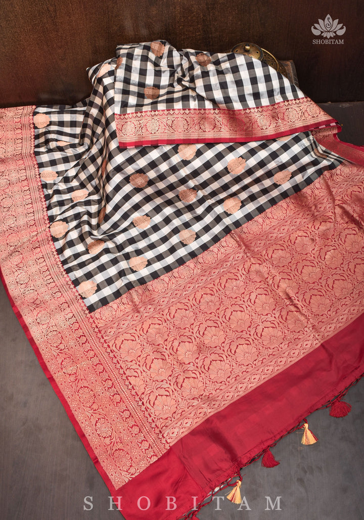 Pure Katan Silk Banarasi Saree in Black and White Checks with Contrasting Red Borders  | SILK MARK CERTIFIED