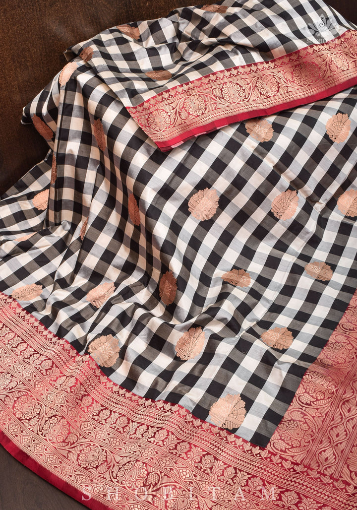 Pure Katan Silk Banarasi Saree in Black and White Checks with Contrasting Red Borders  | SILK MARK CERTIFIED