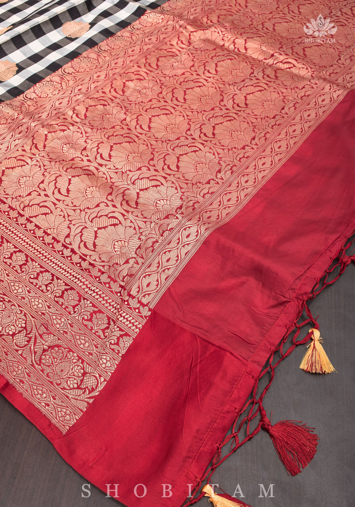 Pure Katan Silk Banarasi Saree in Black and White Checks with Contrasting Red Borders  | SILK MARK CERTIFIED