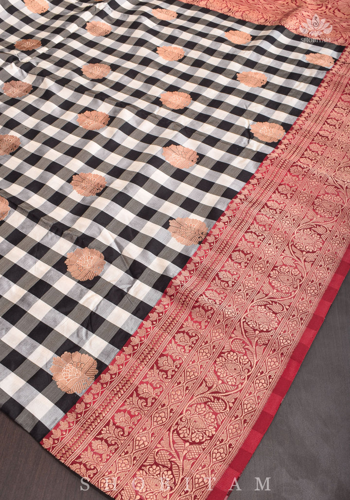 Pure Katan Silk Banarasi Saree in Black and White Checks with Contrasting Red Borders  | SILK MARK CERTIFIED