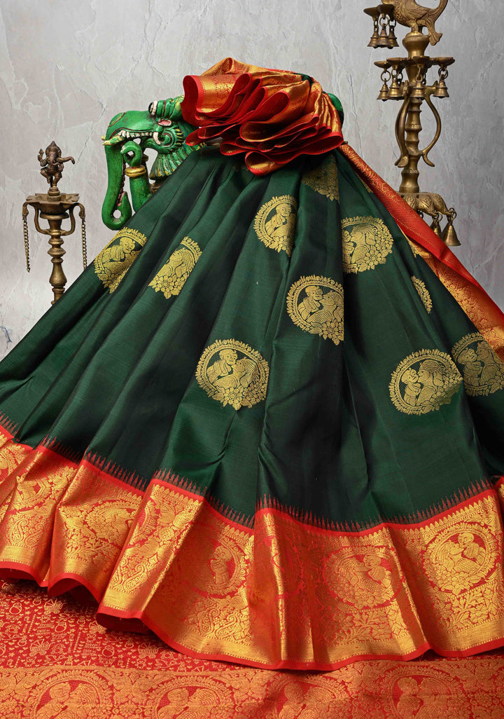 Concept Saree : Mother and Child Bonding Motifs on Pure Kanjivaram Silk In Bottle Green and Red with dainty temples | SILK MARK CERTIFIED