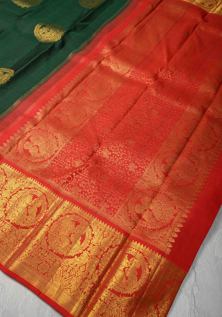 Concept Saree : Mother and Child Bonding Motifs on Pure Kanjivaram Silk In Bottle Green and Red with dainty temples | SILK MARK CERTIFIED