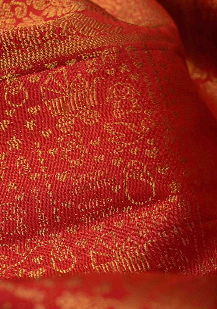 Concept Saree : Mother and Child Bonding Motifs on Pure Kanjivaram Silk In Bottle Green and Red with dainty temples | SILK MARK CERTIFIED