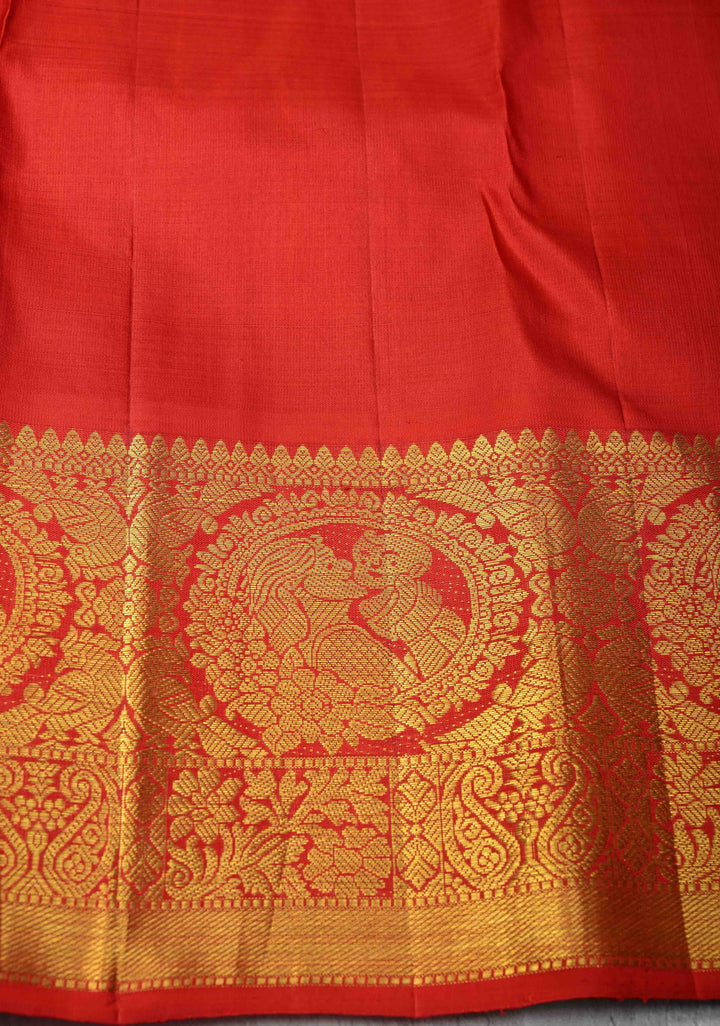 Concept Saree : Mother and Child Bonding Motifs on Pure Kanjivaram Silk In Bottle Green and Red with dainty temples | SILK MARK CERTIFIED