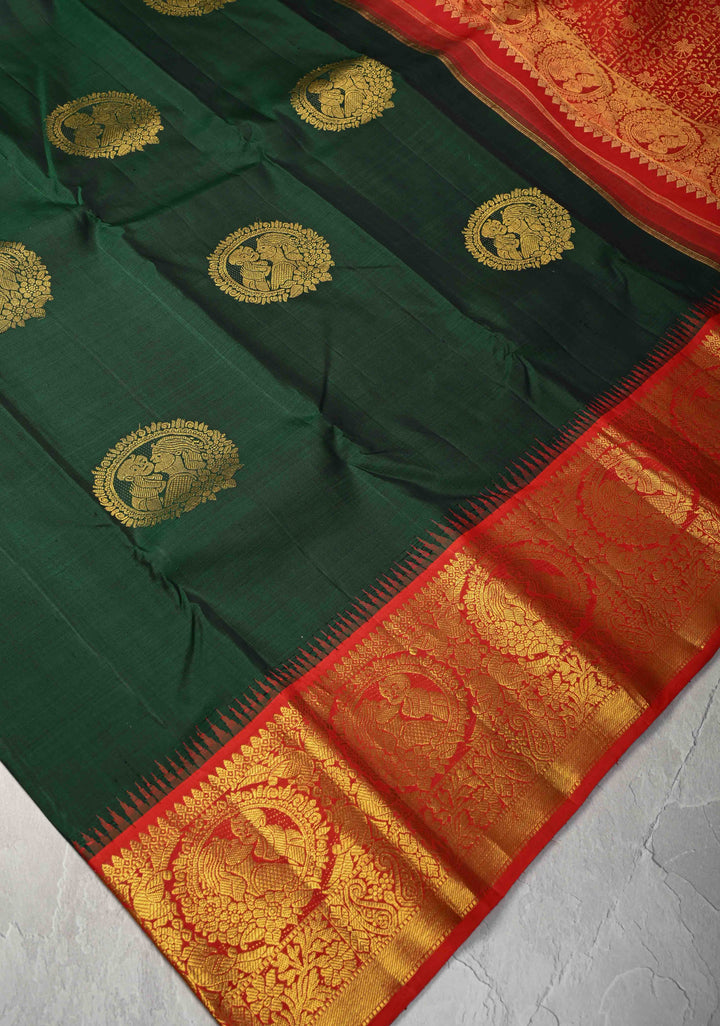 Concept Saree : Mother and Child Bonding Motifs on Pure Kanjivaram Silk In Bottle Green and Red with dainty temples | SILK MARK CERTIFIED
