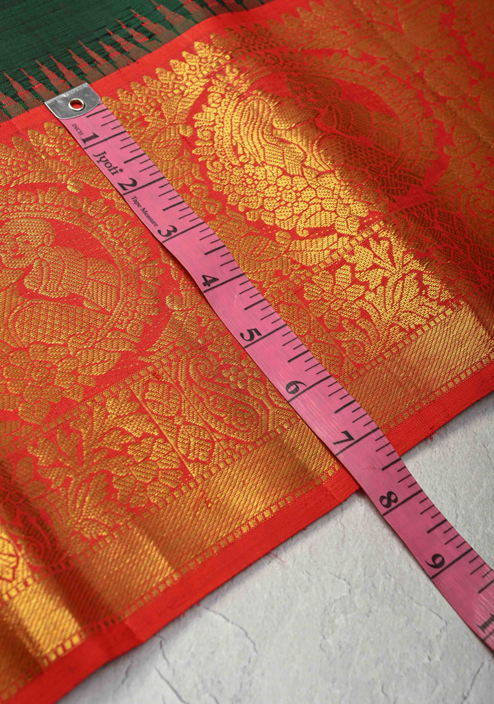 Concept Saree : Mother and Child Bonding Motifs on Pure Kanjivaram Silk In Bottle Green and Red with dainty temples | SILK MARK CERTIFIED