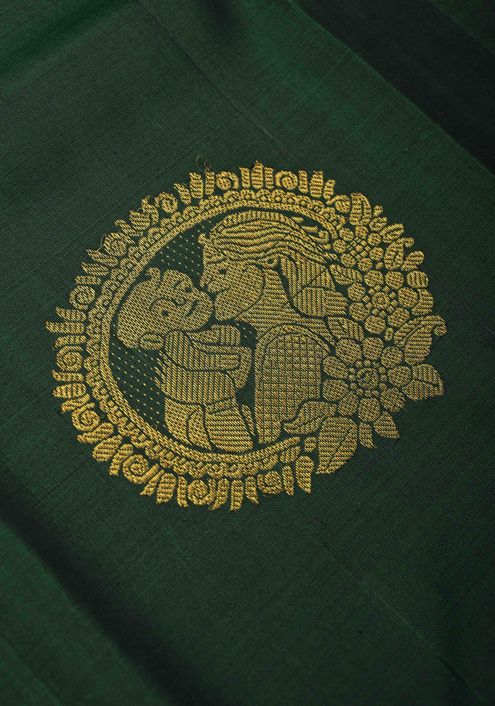Concept Saree : Mother and Child Bonding Motifs on Pure Kanjivaram Silk In Bottle Green and Red with dainty temples | SILK MARK CERTIFIED