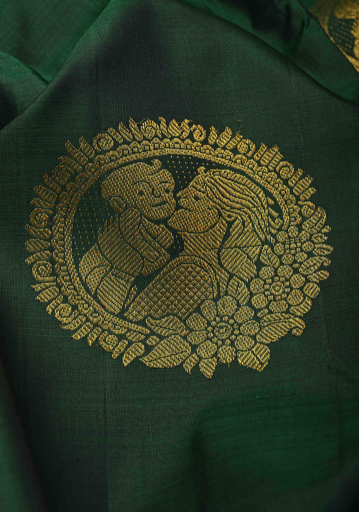 Concept Saree : Mother and Child Bonding Motifs on Pure Kanjivaram Silk In Bottle Green and Red with dainty temples | SILK MARK CERTIFIED