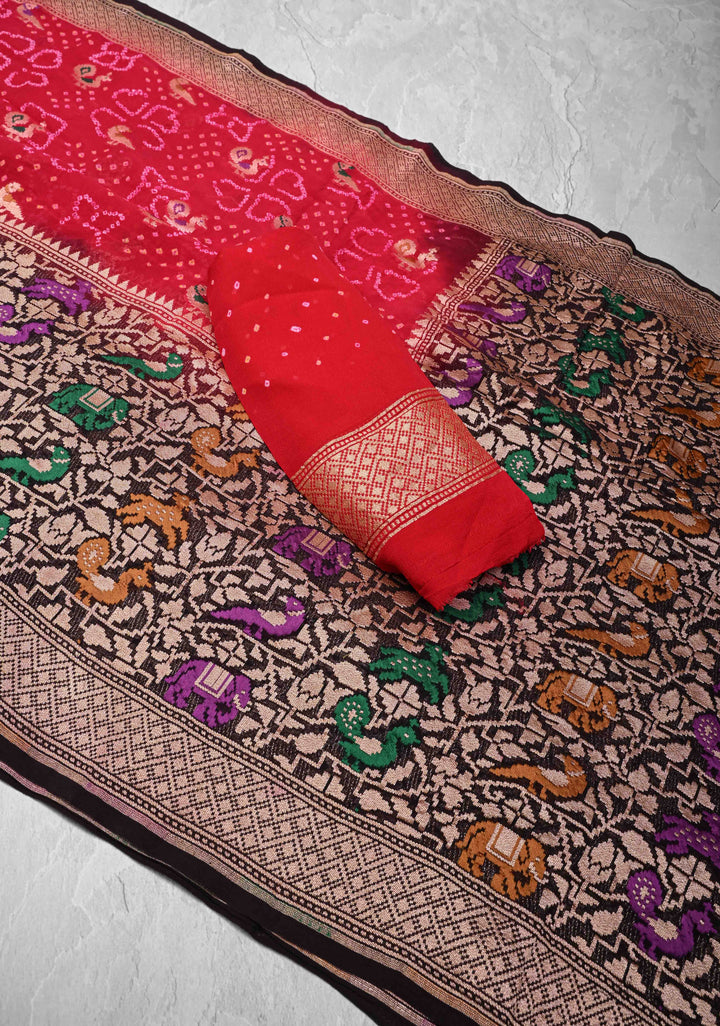 Authentic Rani Pink Hand Bandhej on Banarasi Georgette Silk Saree with Zari Buttas and Meenakari Shikargah Skirt Border  | SILK MARKED CERTIFIED