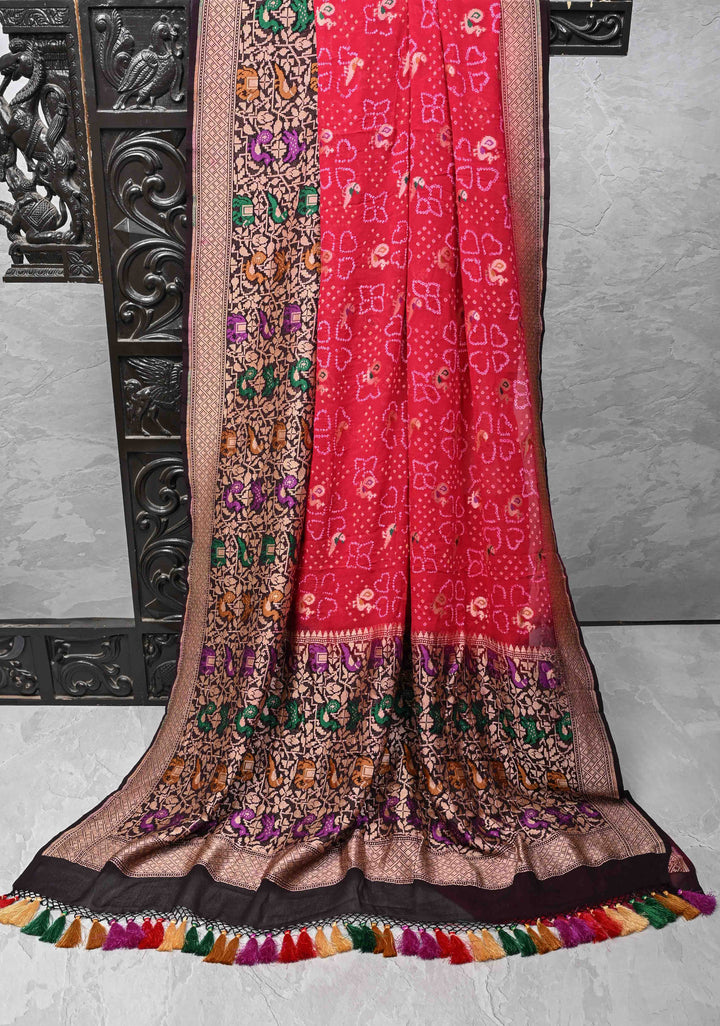 Authentic Rani Pink Hand Bandhej on Banarasi Georgette Silk Saree with Zari Buttas and Meenakari Shikargah Skirt Border  | SILK MARKED CERTIFIED