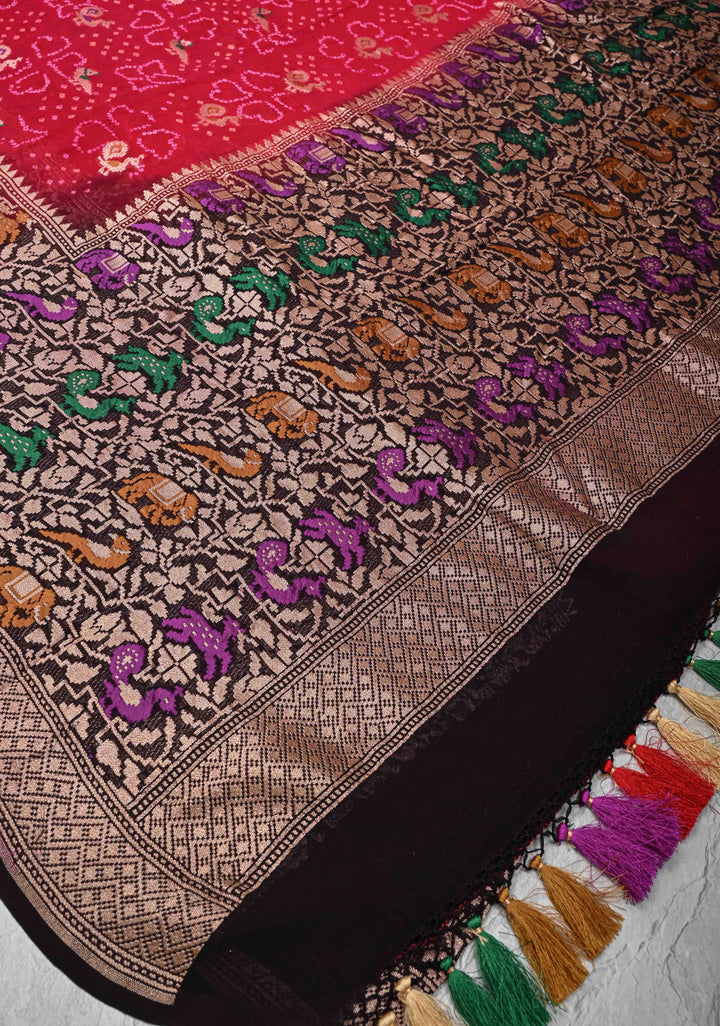 Authentic Rani Pink Hand Bandhej on Banarasi Georgette Silk Saree with Zari Buttas and Meenakari Shikargah Skirt Border  | SILK MARKED CERTIFIED