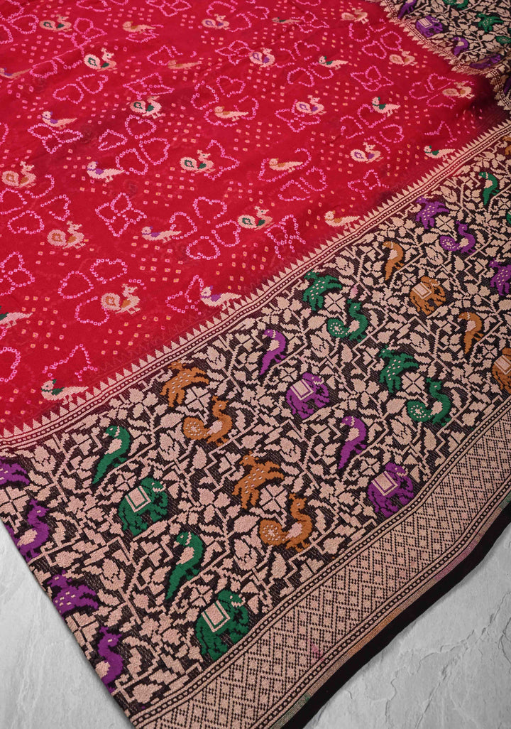 Authentic Rani Pink Hand Bandhej on Banarasi Georgette Silk Saree with Zari Buttas and Meenakari Shikargah Skirt Border  | SILK MARKED CERTIFIED