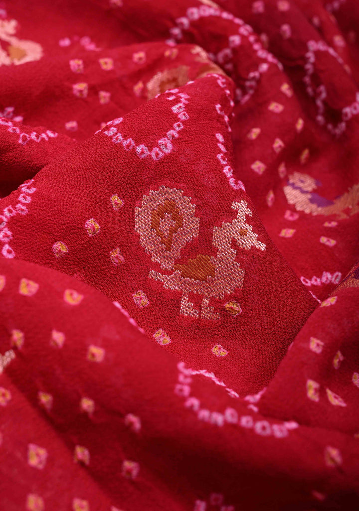 Authentic Rani Pink Hand Bandhej on Banarasi Georgette Silk Saree with Zari Buttas and Meenakari Shikargah Skirt Border  | SILK MARKED CERTIFIED