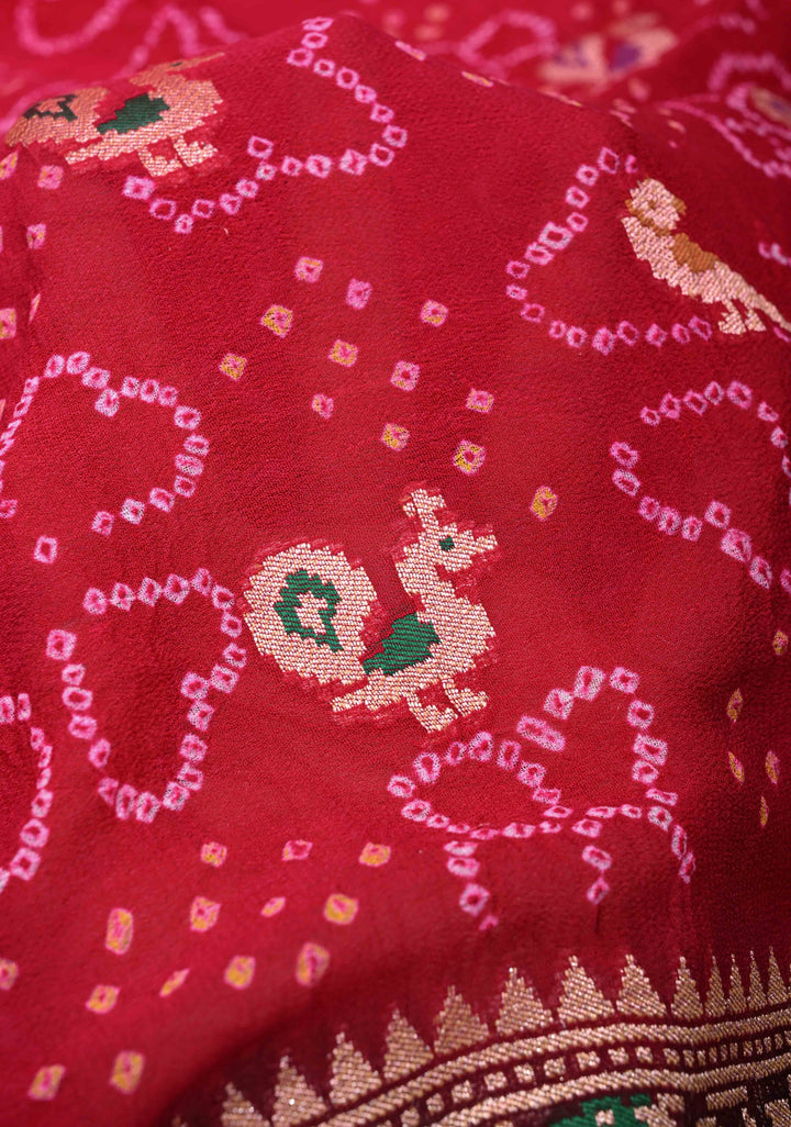 Authentic Rani Pink Hand Bandhej on Banarasi Georgette Silk Saree with Zari Buttas and Meenakari Shikargah Skirt Border  | SILK MARKED CERTIFIED