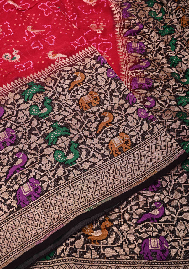 Authentic Rani Pink Hand Bandhej on Banarasi Georgette Silk Saree with Zari Buttas and Meenakari Shikargah Skirt Border  | SILK MARKED CERTIFIED