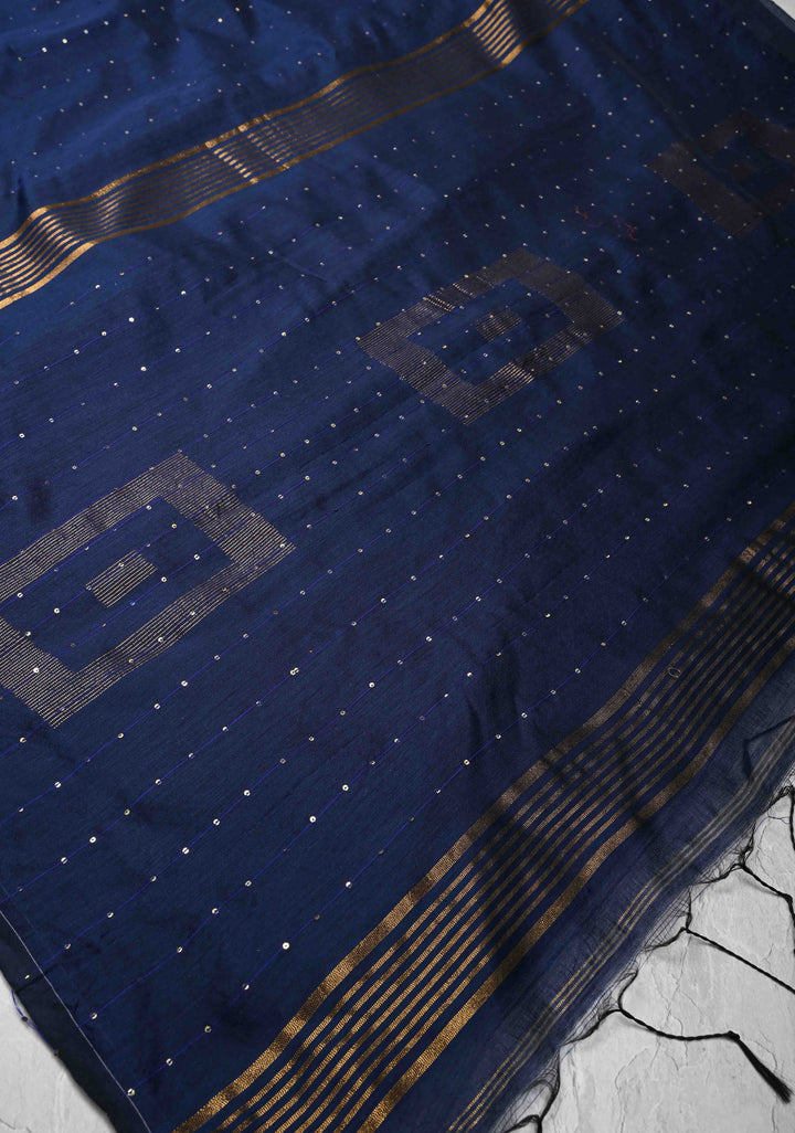 Midnight Blue Muslin Cotton Saree with Sequins Detailing