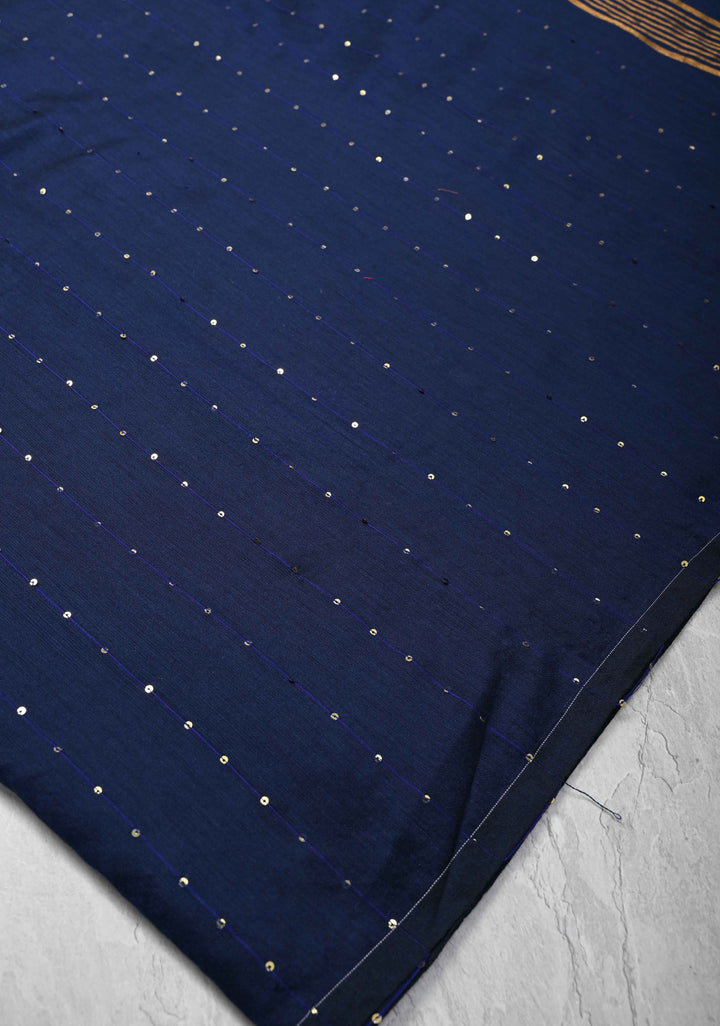 Midnight Blue Muslin Cotton Saree with Sequins Detailing