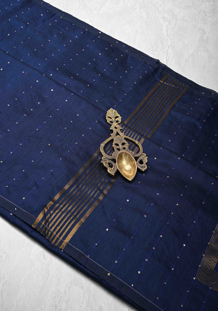 Midnight Blue Muslin Cotton Saree with Sequins Detailing