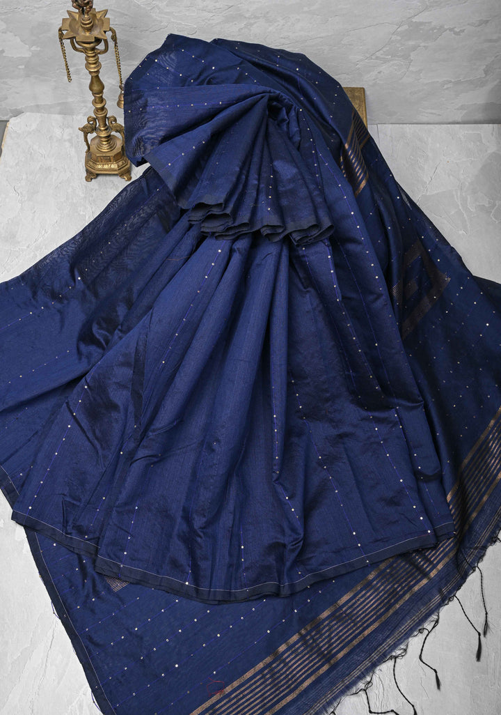 Midnight Blue Muslin Cotton Saree with Sequins Detailing