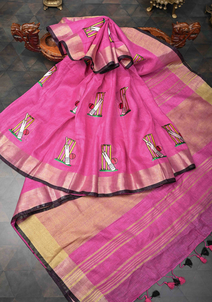 Pre Order Pink Pure Linen by Linen Saree with Cricket Set Embroidery and Zari Border
