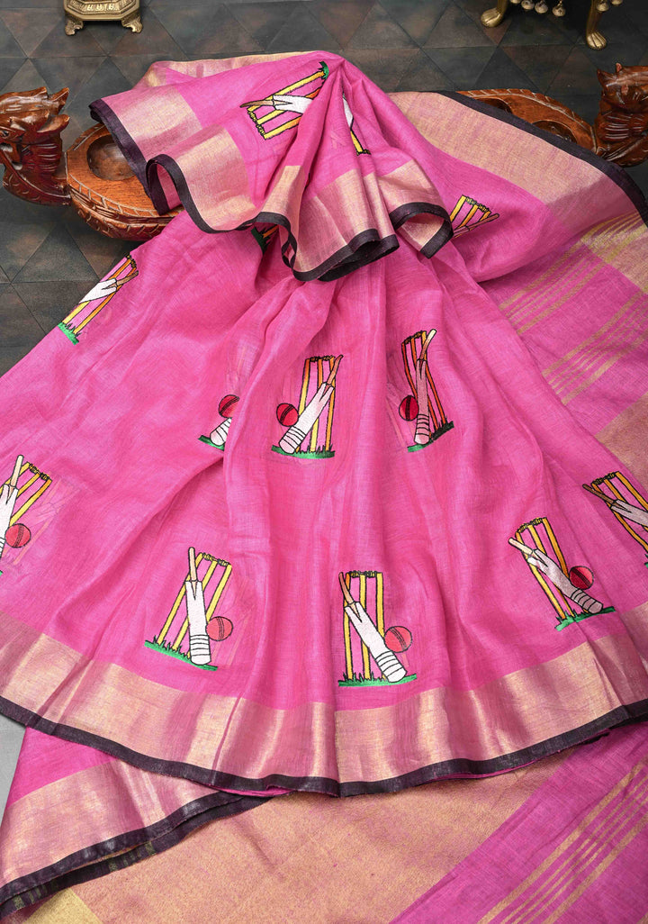 Pre Order Pink Pure Linen by Linen Saree with Cricket Set Embroidery and Zari Border
