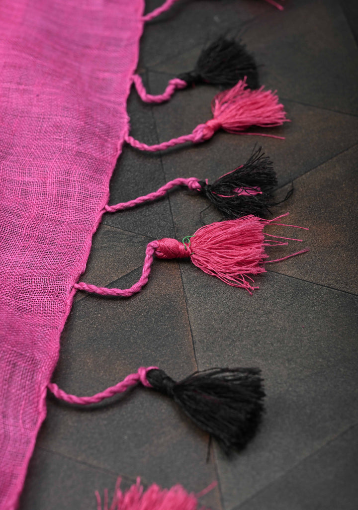 Pre Order Pink Pure Linen by Linen Saree with Cricket Set Embroidery and Zari Border