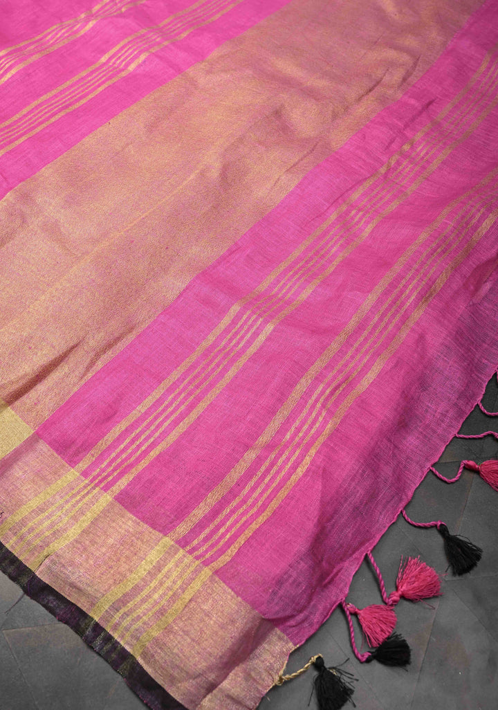 Pre Order Pink Pure Linen by Linen Saree with Cricket Set Embroidery and Zari Border