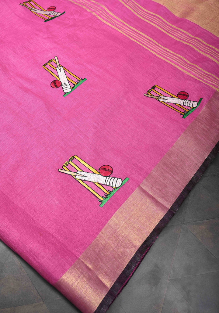 Pre Order Pink Pure Linen by Linen Saree with Cricket Set Embroidery and Zari Border