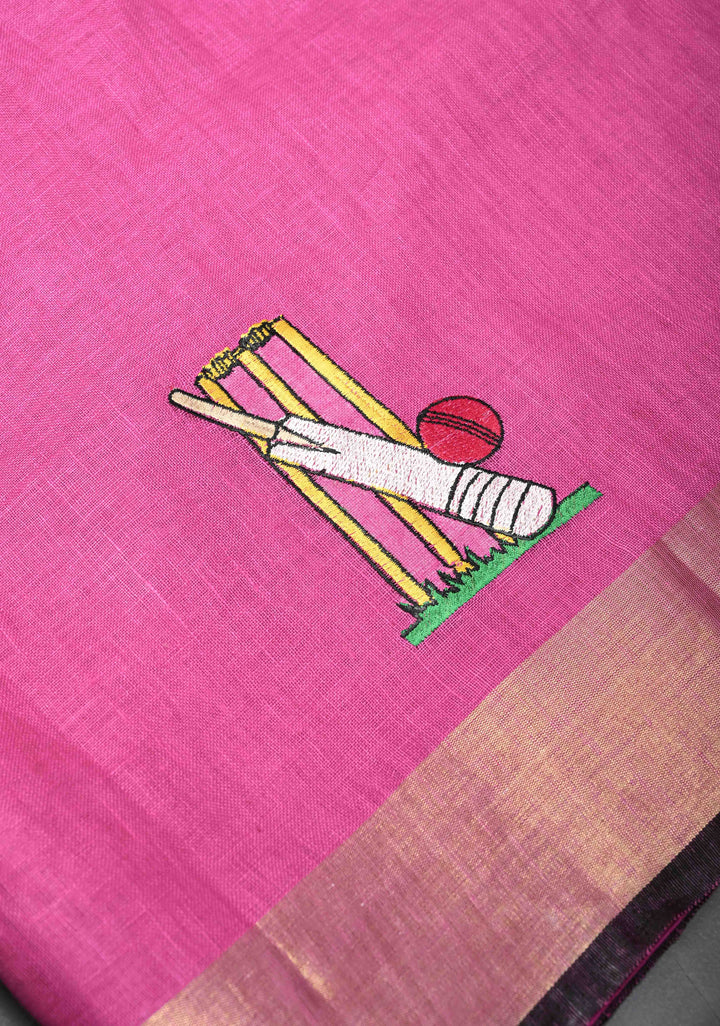 Pre Order Pink Pure Linen by Linen Saree with Cricket Set Embroidery and Zari Border