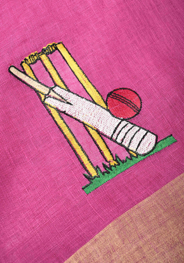 Pre Order Pink Pure Linen by Linen Saree with Cricket Set Embroidery and Zari Border