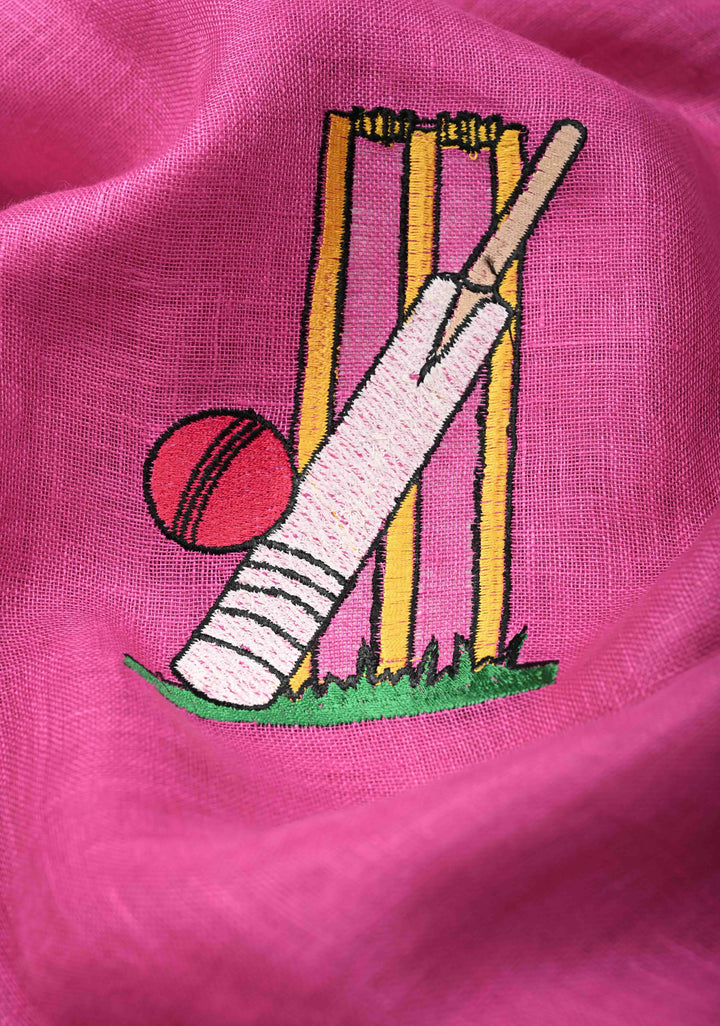 Pre Order Pink Pure Linen by Linen Saree with Cricket Set Embroidery and Zari Border