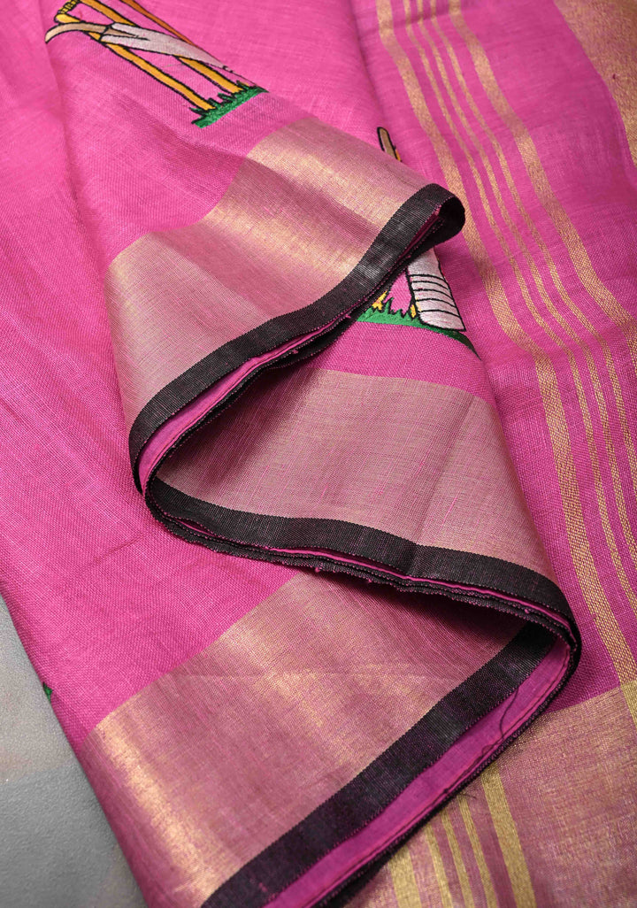 Pre Order Pink Pure Linen by Linen Saree with Cricket Set Embroidery and Zari Border