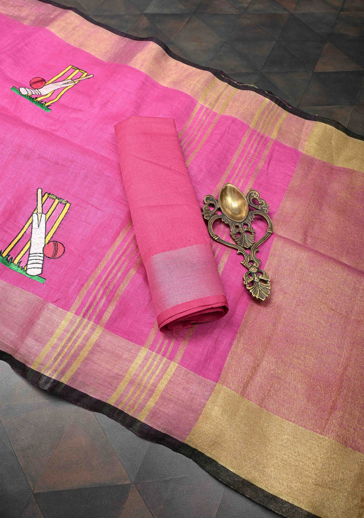 Pre Order Pink Pure Linen by Linen Saree with Cricket Set Embroidery and Zari Border