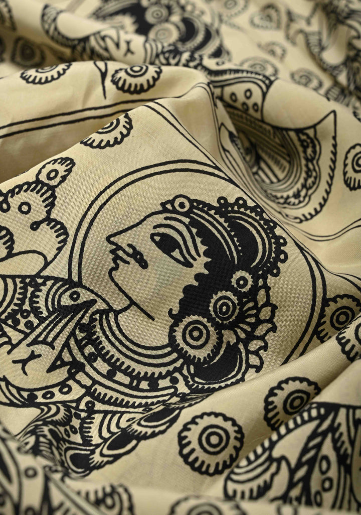 Krishna Pichwai & Dancing Queens Theme: Beige Art Silk Saree With Kalamkari Digital Print