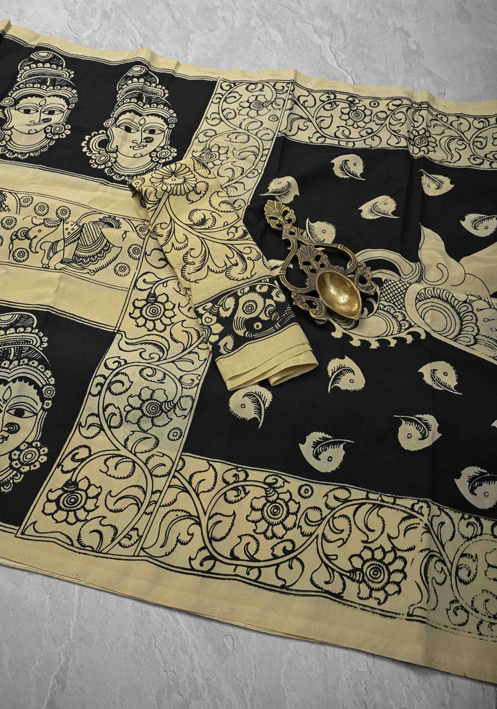 Krishna Pichwai & Dancing Queens Theme: Beige Art Silk Saree With Kalamkari Digital Print