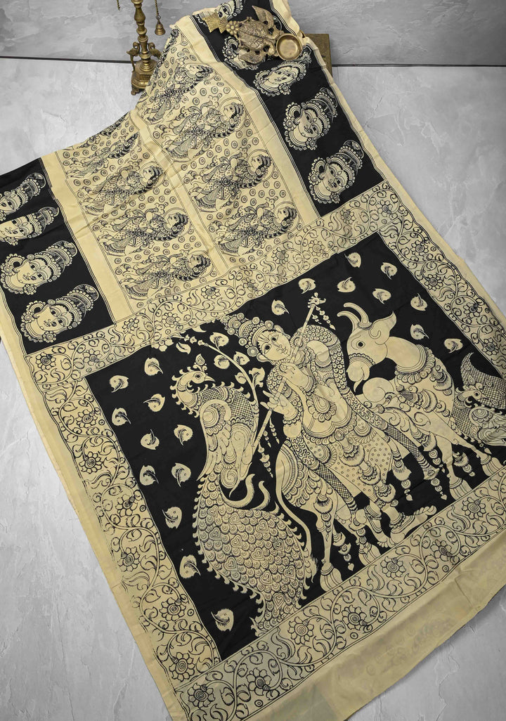 Krishna Pichwai & Dancing Queens Theme: Beige Art Silk Saree With Kalamkari Digital Print