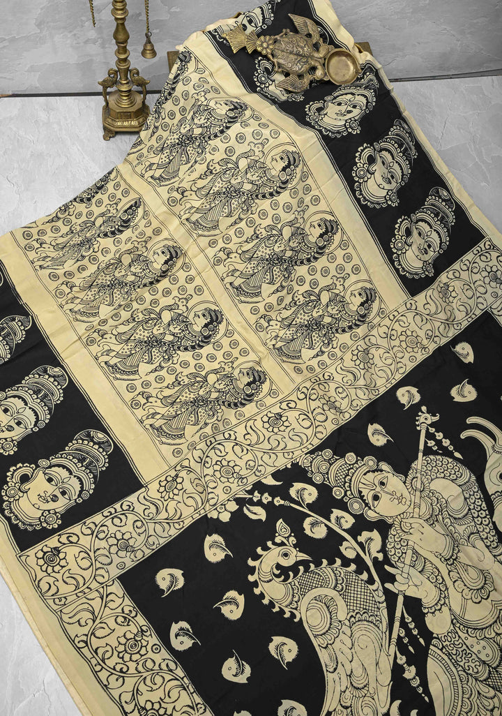 Krishna Pichwai & Dancing Queens Theme: Beige Art Silk Saree With Kalamkari Digital Print