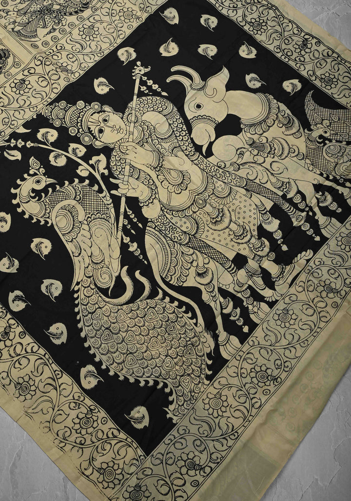 Krishna Pichwai & Dancing Queens Theme: Beige Art Silk Saree With Kalamkari Digital Print